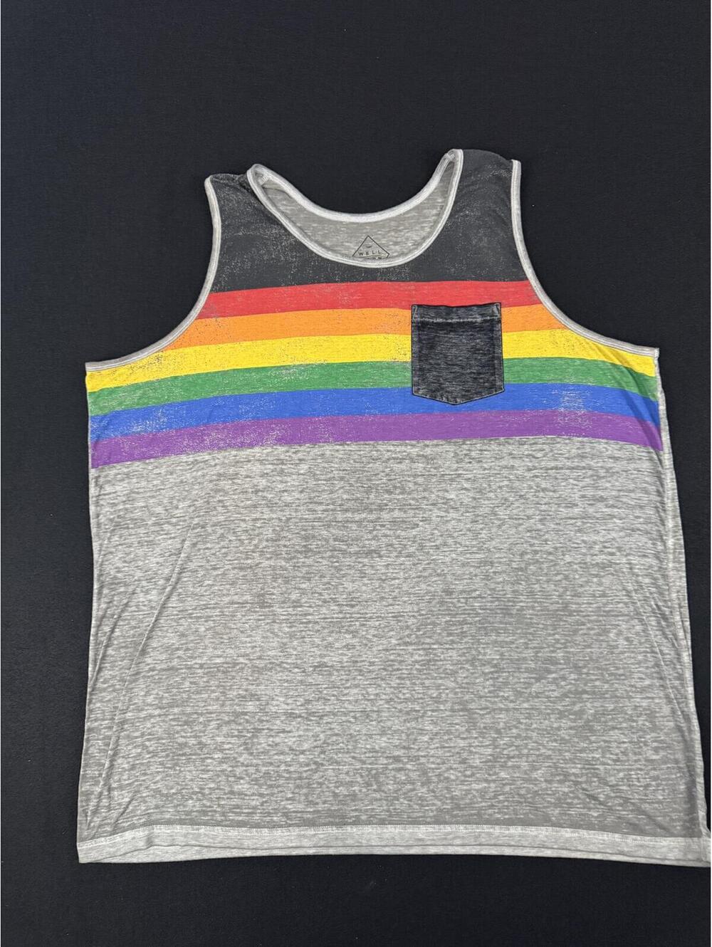 Well Worn Men's 2XB Tank Top with Rainbow Stripes and Chest Pocket